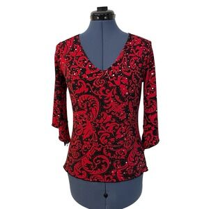 Red Black Paisley Shimmer Flared Sleeve Top Whimsigoth Romantic Y2K‎ Vamp Boho M